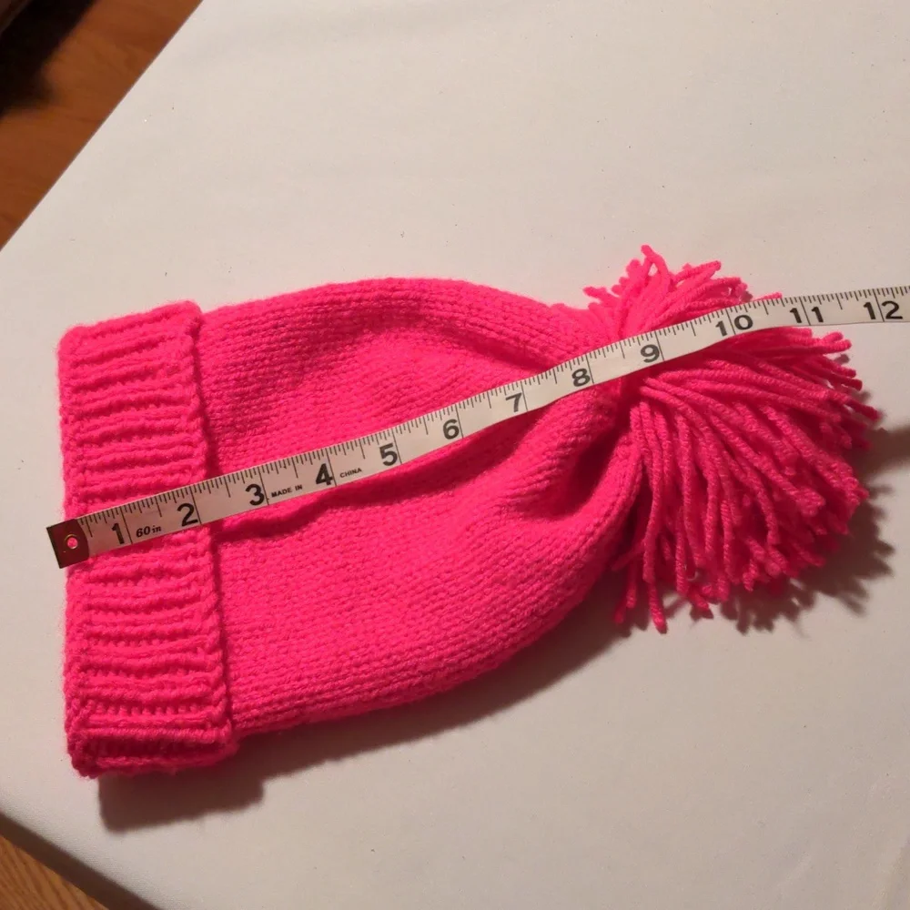 Hand Knit Neon Pink Beanie Hat With Floppy Pom-pom OSFM